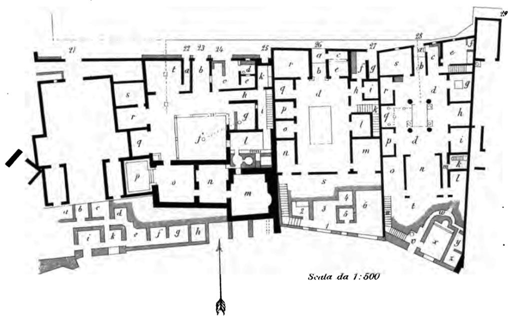 VIII.2.22-28 BdI 1888 plan VIII.2.26 Pompeii. Plan of house and adjacent houses VIII.2.22-28. (Street level floor in dark black, lower floor in grey.)
(Note: different room numbers again).
According to Mau (in BdI Mitteilungen), these houses were unearthed, incompletely however, at the time of the first excavations, and then reburied.
See Bullettino dell’Instituto di Corrispondenza Archeologica (DAIR), 1888, (p.181, and Tav. VII)